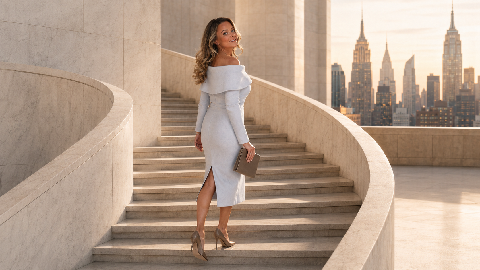 Crystal Carson on a sweeping curved limestone staircase in a light-filled interior